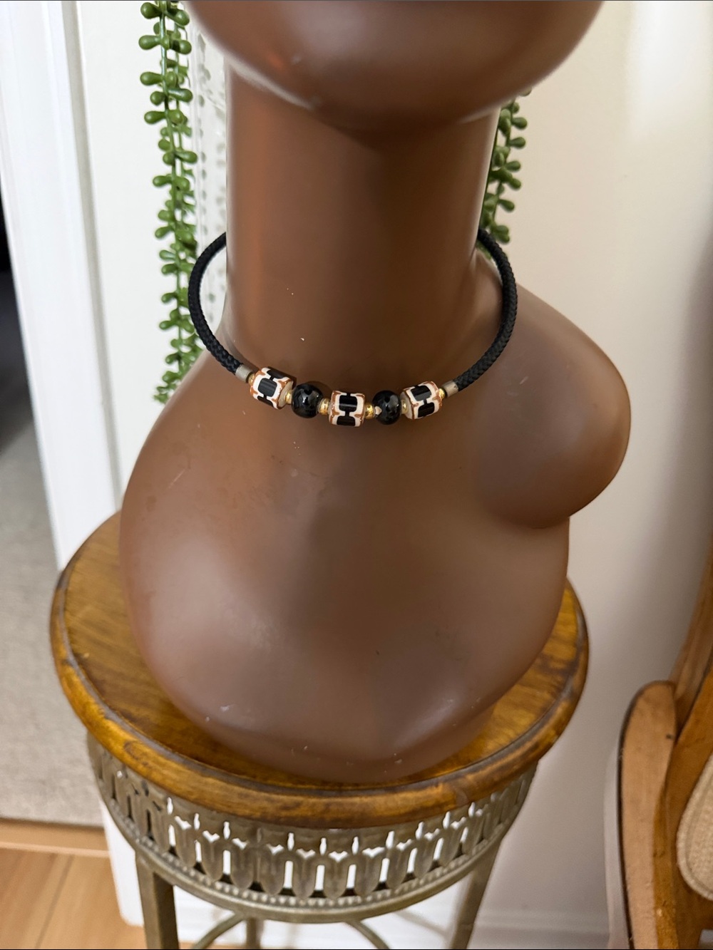 Black Cord Choker Necklace with Gold Accent Beads